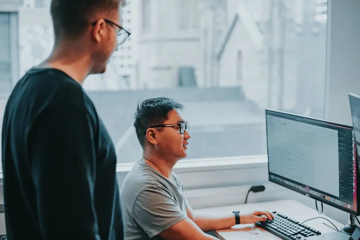Two coworkers collaborating at computer workstation in office.