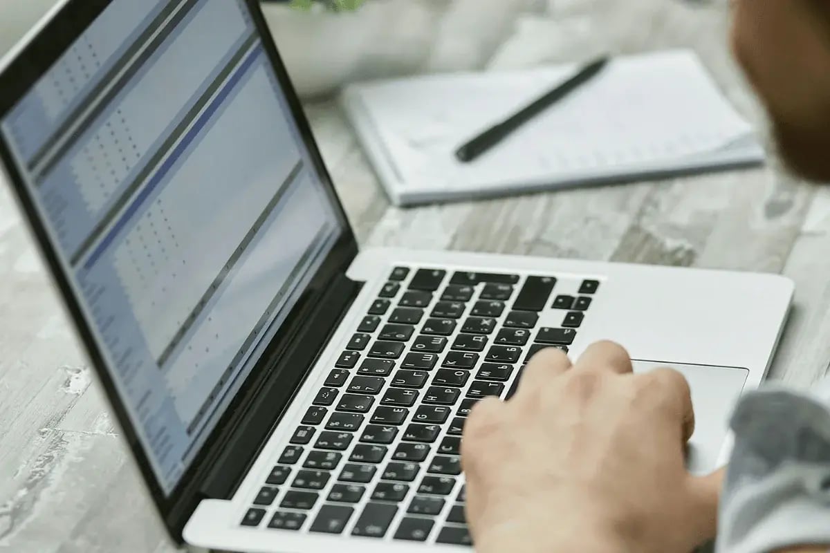 Person working on financial spreadsheet on laptop.