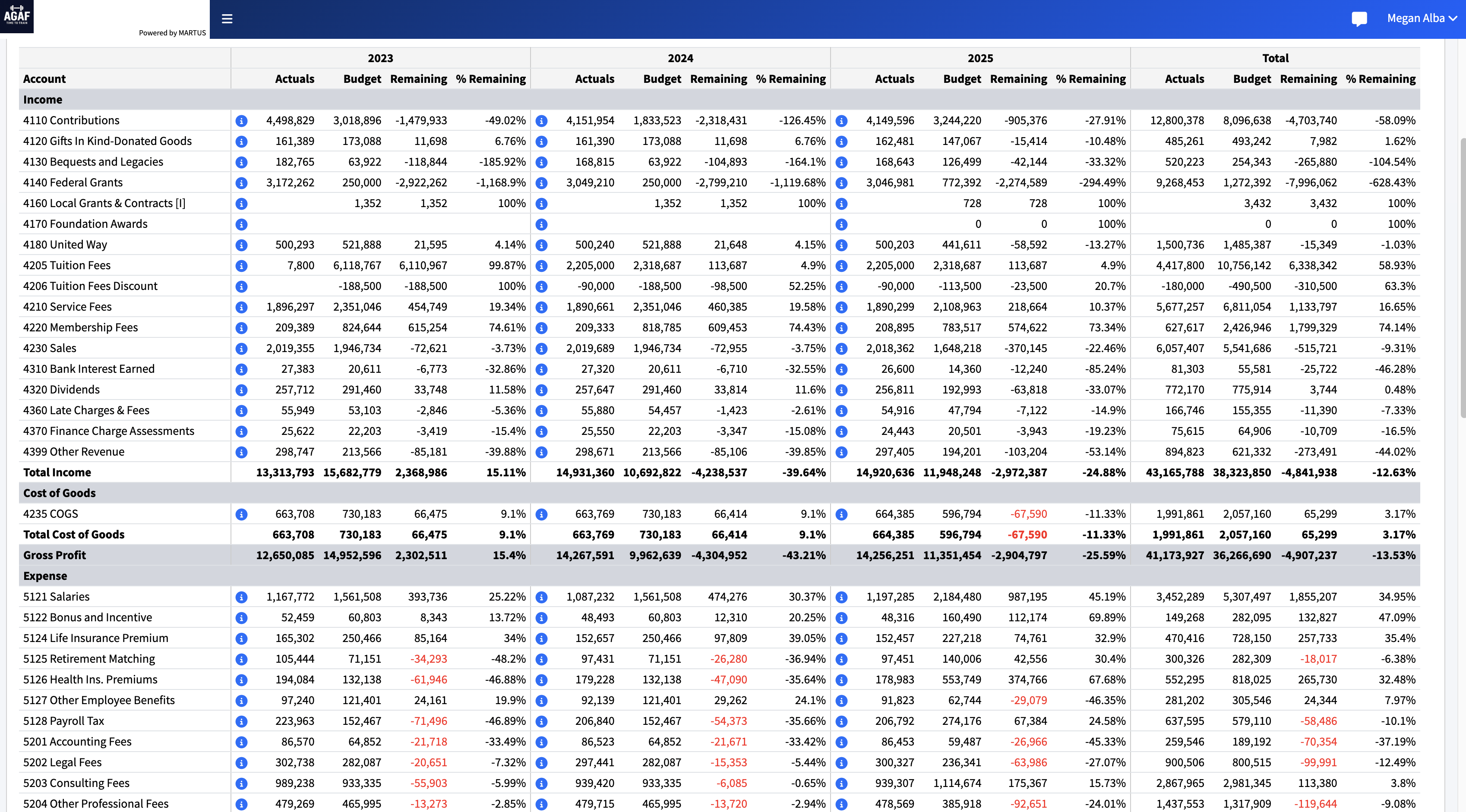 Martus Multi Year Budget to Actuals report, showing actuals, budget and the amount remaining for 2023, 2024 and 2025