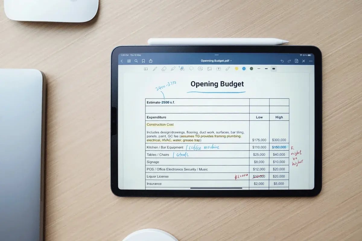 Digital budget plan with handwritten notes on tablet screen.