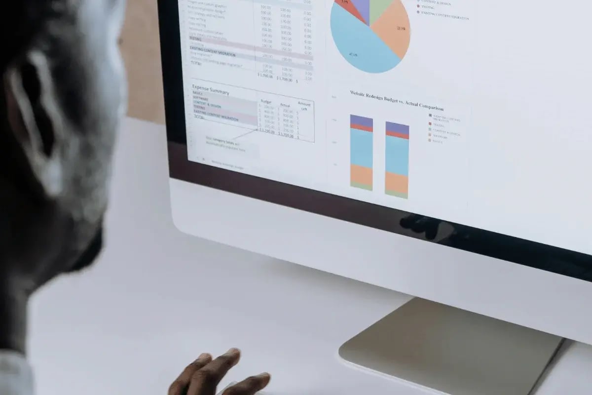 Professional analyzing financial charts and graphs on a desktop monitor.