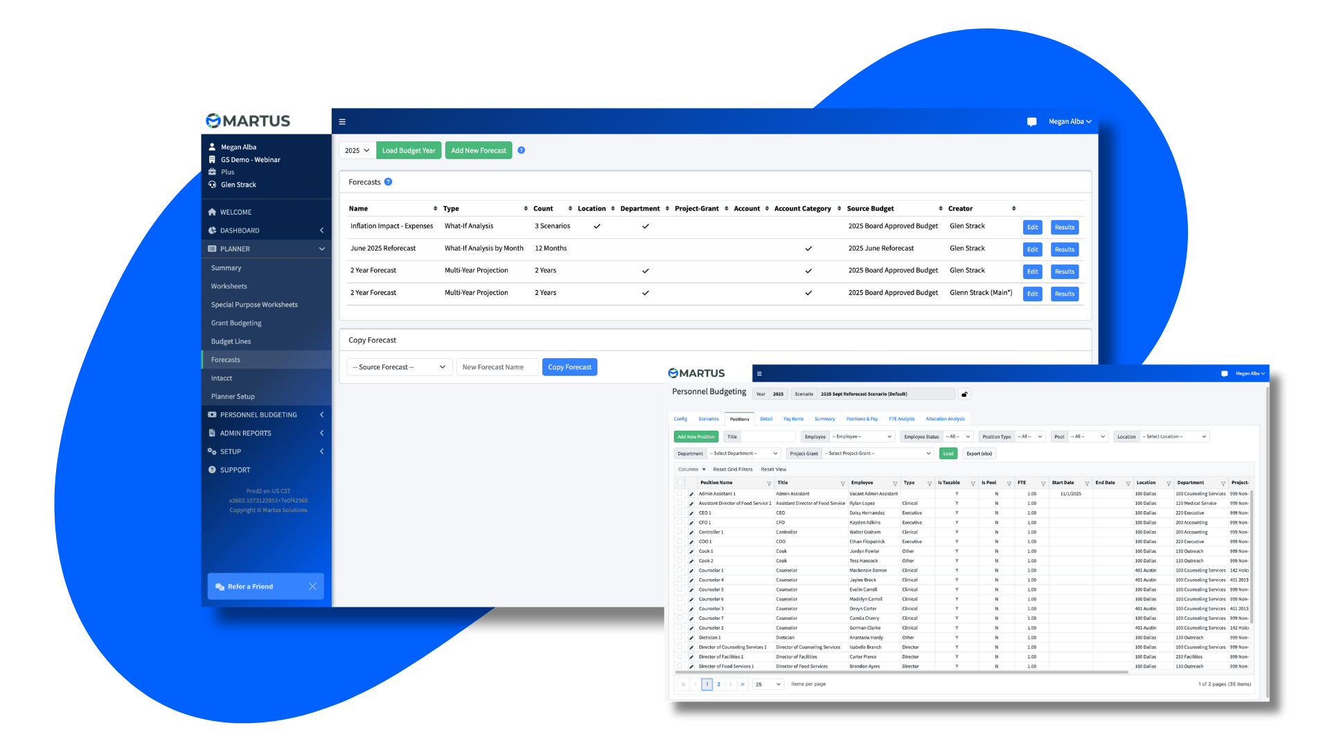 Martus budgeting and reporting product screens